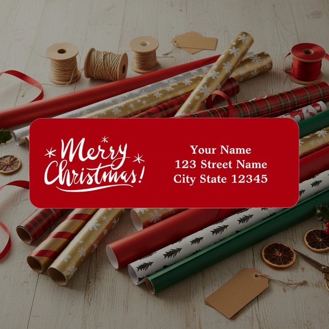 Merry Christmas script hand lettering typography (Red Christmas return address sticker)