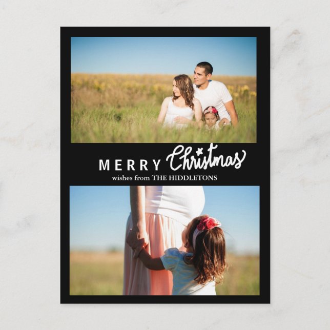 Merry Christmas Script Holiday Black Two Photo (Front)