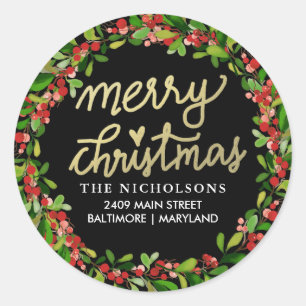 Merry Christmas Script Holiday Return Address Classic Round Sticker