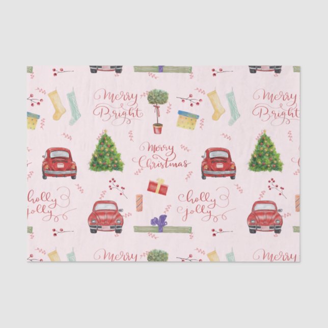 Merry Christmas Script Holiday Tree Car Pattern Wr Tissue Paper (Front)