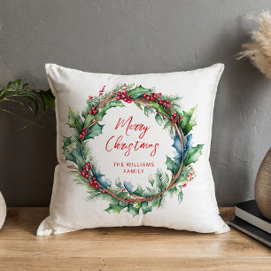 Merry Christmas Script Holiday Wreath Throw Pillow