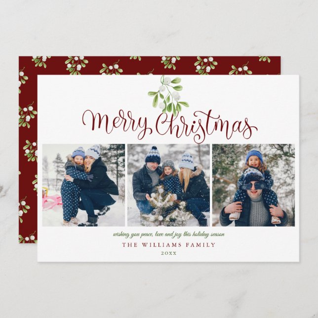Merry Christmas Script Mistletoe 3 Photo Holiday Card (Front/Back)