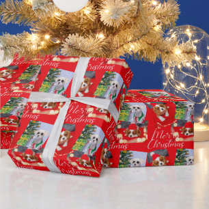 Merry Christmas Script Modern 3 Photo Personalized Wrapping Paper