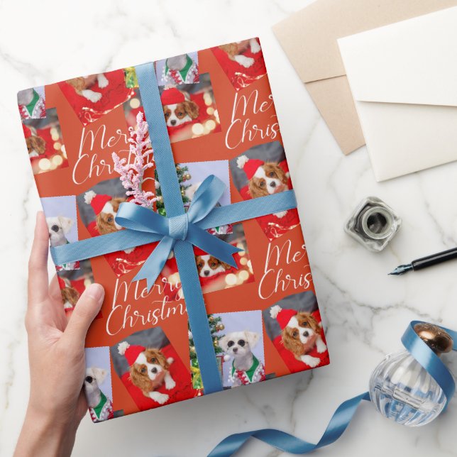 Merry Christmas Script Modern 3 Photo Personalized Wrapping Paper (Gifting)