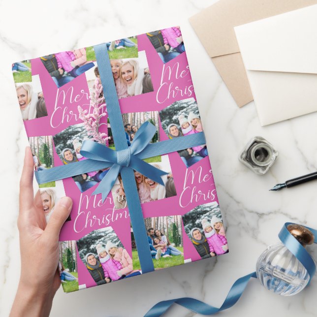 Merry Christmas Script Modern 3 Photo Personalized Wrapping Paper (Gifting)