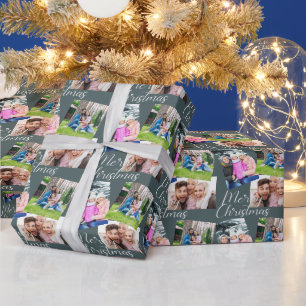 Merry Christmas Script Modern 3 Photo Personalized Wrapping Paper