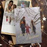 Merry Christmas script multi photo family greeting Holiday Card<br><div class="desc">Elegant faux gold script overlay 5 custom photo collage family name and text personalized Christmas greetings holiday card.</div>