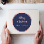 Merry Christmas Script Name Dark Blue & Rose Gold Classic Round Sticker<br><div class="desc">This dark blue Christmas sticker says Merry Christmas is an elegant script. Additional non-script text is below the script. You can edit the non-script text to show your name or a personalized message. The rose gold border is not made of foil.</div>