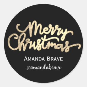 Merry Christmas Script Name Gold Black White Classic Round Sticker