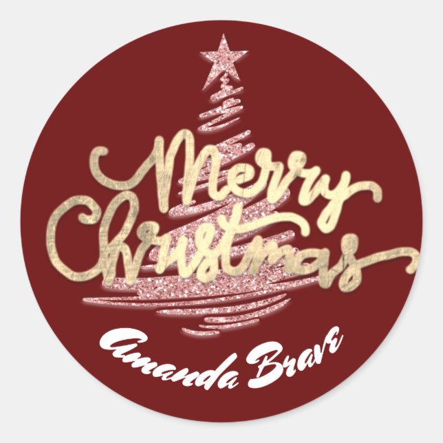 Merry Christmas Script Name Gold Rose Burgundy Classic Round Sticker (Front)
