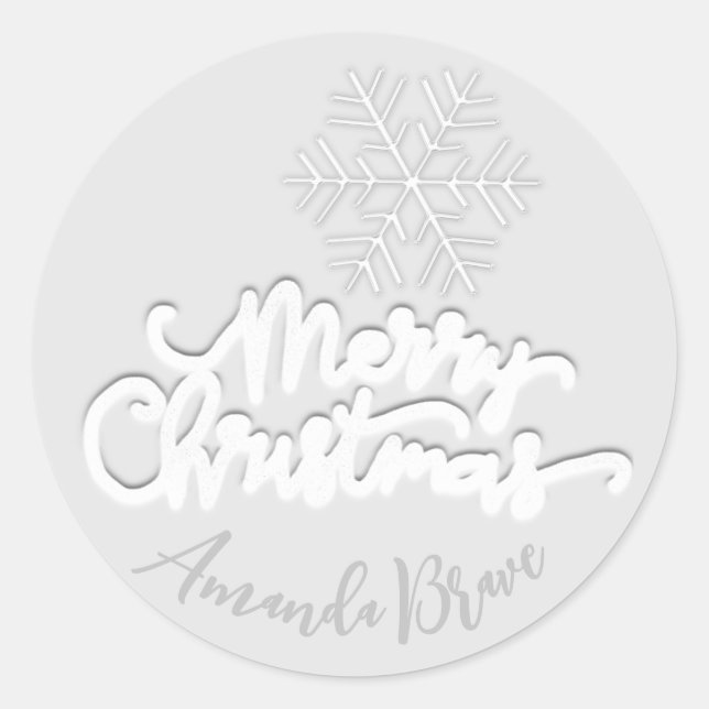 Merry Christmas  Script Name Grey Snowflakes White Classic Round Sticker (Front)