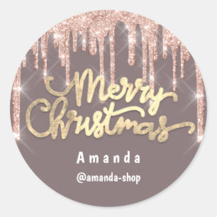 Merry Christmas Script Name Rose 3D Drips Blush Classic Round Sticker