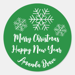 Merry Christmas  Script Name Snowflake Grey Green Classic Round Sticker