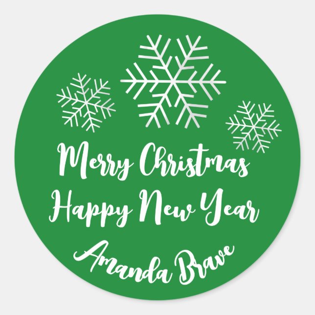 Merry Christmas  Script Name Snowflake Grey Green Classic Round Sticker (Front)