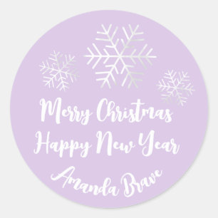 Merry Christmas Script Name Snowflake Grey Purple Classic Round Sticker