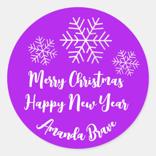 Merry Christmas  Script Name Snowflake Grey Purple Classic Round Sticker (Front)