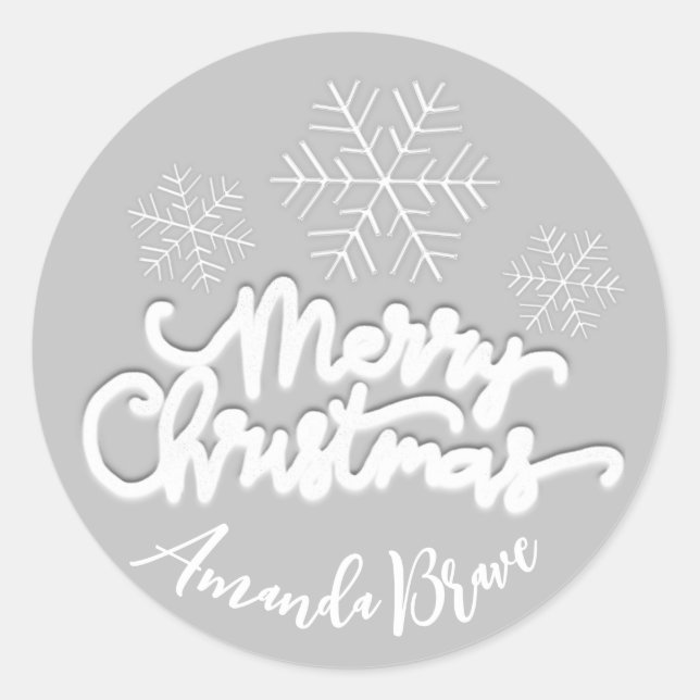 Merry Christmas  Script Name Snowflakes White Grey Classic Round Sticker (Front)