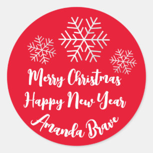 Merry Christmas Script Name Snowflakes White Red Classic Round Sticker