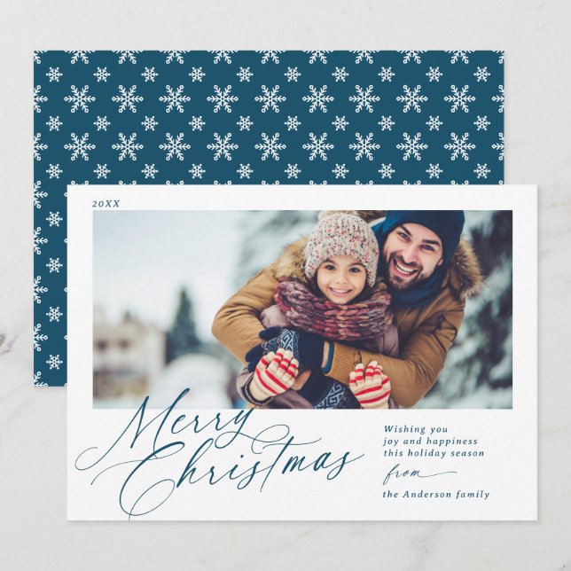 Merry Christmas Script Navy Blue and White 1 Photo Holiday Card (Front/Back)