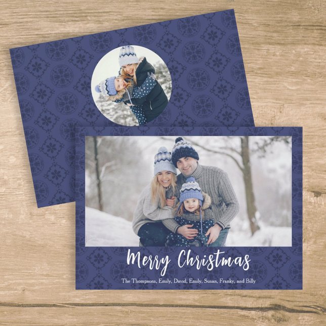 Merry Christmas Script Navy Blue Snowflake 2 Photo Holiday Card (Creator Uploaded)