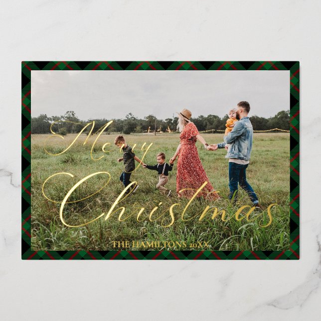 Merry Christmas Script Navy Plaid Photo Holiday (Front)