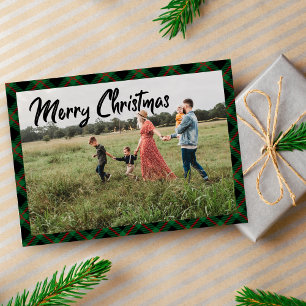 Merry Christmas Script Navy Plaid Photo Holiday Card