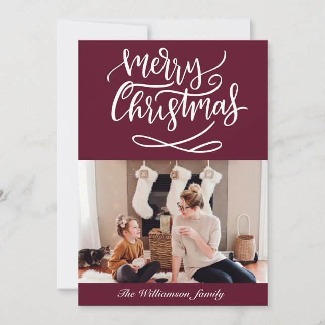 Merry Christmas Script Photo Burgundy Holiday Card (Front)
