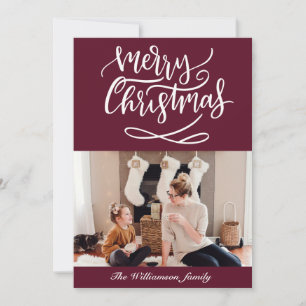 Merry Christmas Script Photo Burgundy Holiday Card