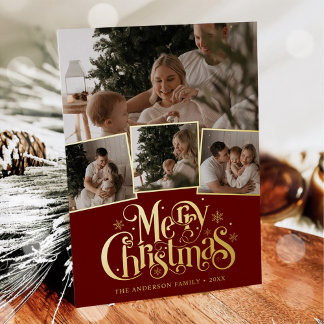 Merry Christmas Script Photo Collage Foil Holiday Card