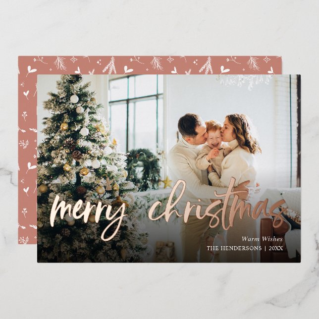Merry Christmas Script Photo Foil Holiday Card (Front/Back)