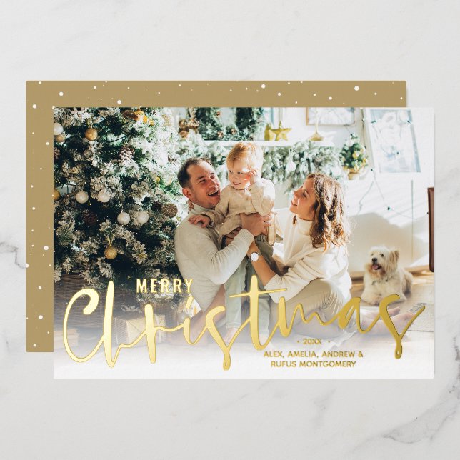 Merry Christmas Script Photo Gold Foil Holiday Card (Front/Back)