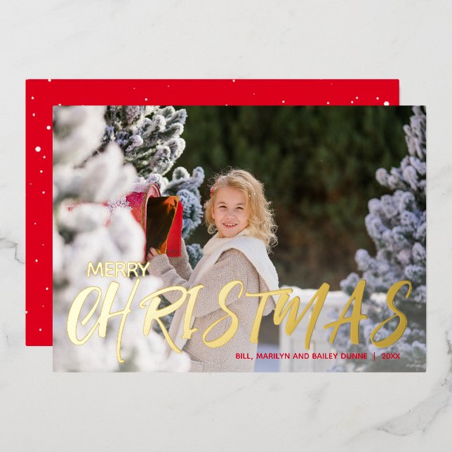Merry Christmas Script Photo Gold Foil Holiday Card (Front/Back)