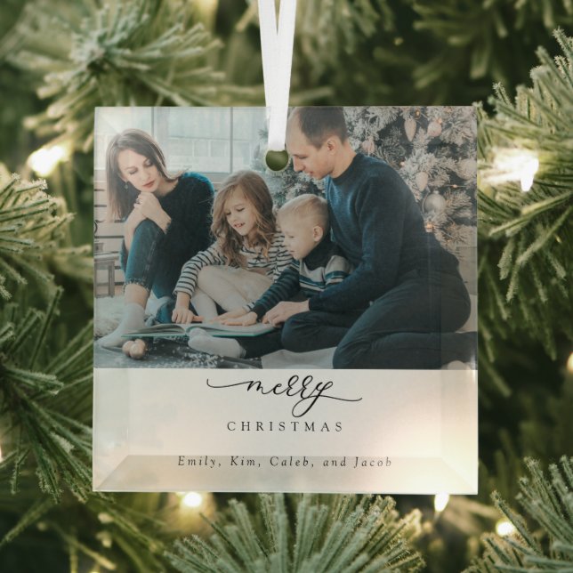 Merry Christmas Script Photo Modern Chic Minimal Glass Ornament (Insitu)