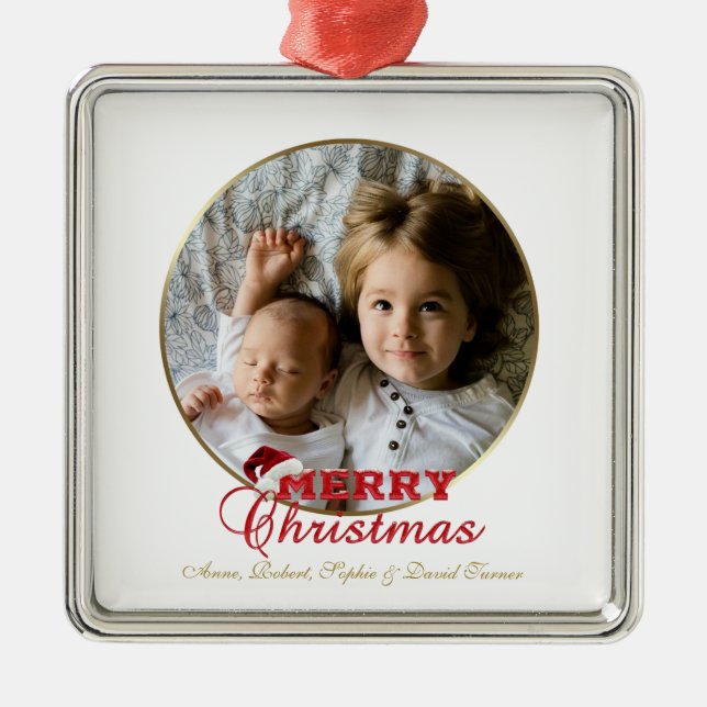 Merry Christmas Script Photo Monogram Metal Ornament (Front)