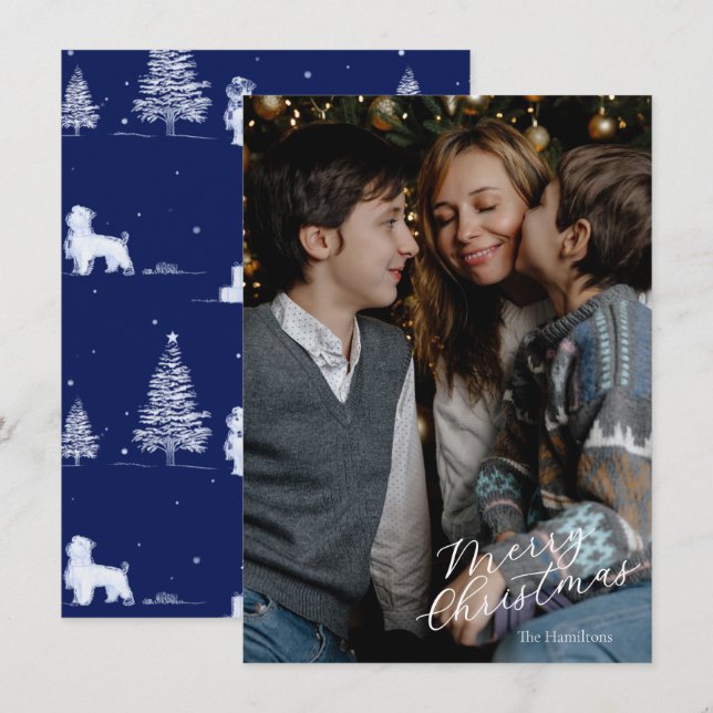 Merry Christmas Script Photo Navy Toile Holiday Card (Front/Back)