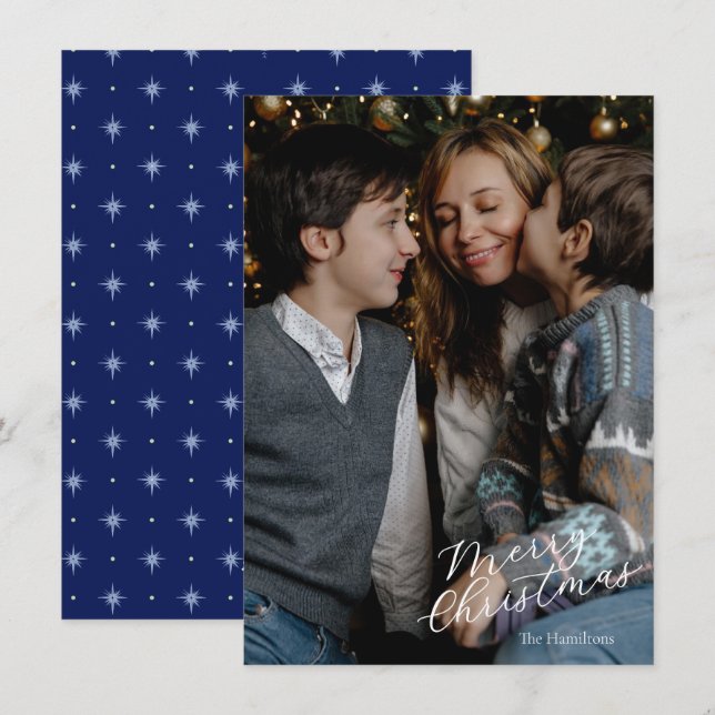 Merry Christmas Script Photo Navy Twinkle Holiday Card (Front/Back)