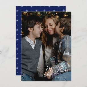 Merry Christmas Script Photo Navy Twinkle Holiday Card