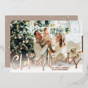 Merry Christmas Script Photo Rose Gold Foil Holiday Card