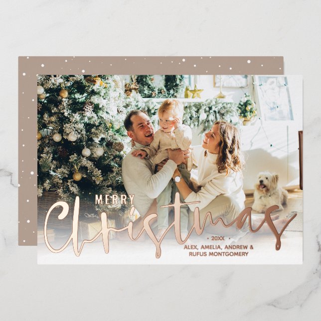 Merry Christmas Script Photo Rose Gold Foil Holiday Card (Front/Back)