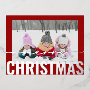 Merry Christmas Script Photo Simple Modern Foil Holiday Postcard