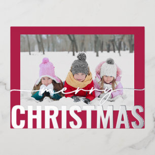 Merry Christmas Script Photo Simple Modern Foil Holiday Postcard