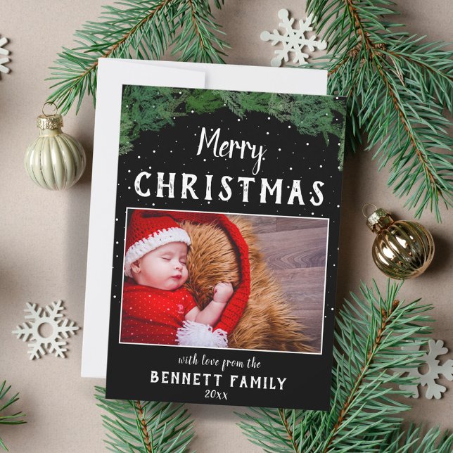 Merry Christmas Script Pine Black Snowflake Photo Holiday Card (Creator Uploaded)