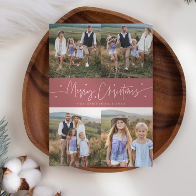 Merry Christmas Script Pink Multi Photo Holiday Card (Creator Uploaded)
