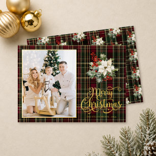 Merry Christmas Script Plaid Poinsettia Photo Foil Holiday Card