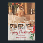 Merry Christmas Script, Poinsettia, Rustic 4-Photo<br><div class="desc">Colourful red poinsettia and holly on rustic barn wood background with three small square photo templates and one large background photo with custom Merry Christmas calligraphy script font graphic and editable text fields.</div>