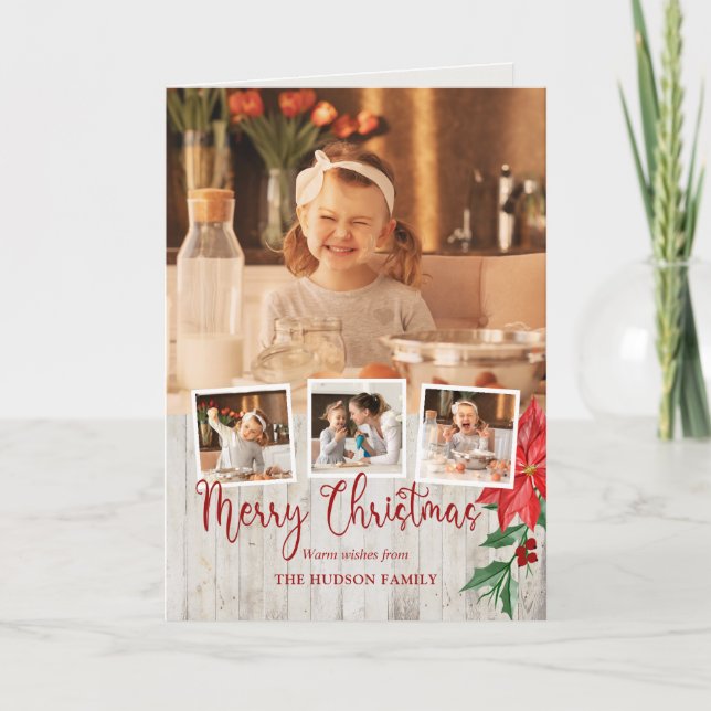 Merry Christmas Script, Poinsettia, Rustic 4-Photo Holiday Card (Front)