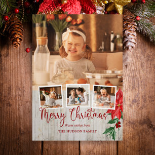 Merry Christmas Script, Poinsettia, Rustic 4-Photo Tri-Fold Card
