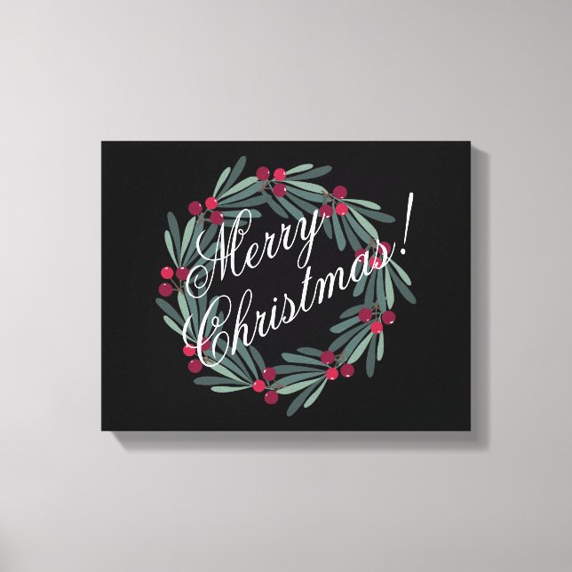 Merry Christmas Script Pretty Festive Black Canvas Print (Front)