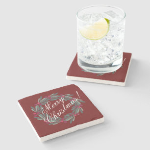 Merry Christmas Script Pretty Festive Stone Coaster