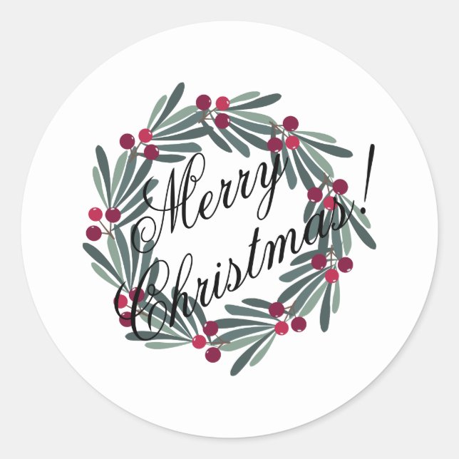 Merry Christmas Script Pretty Festive White Classic Round Sticker (Front)